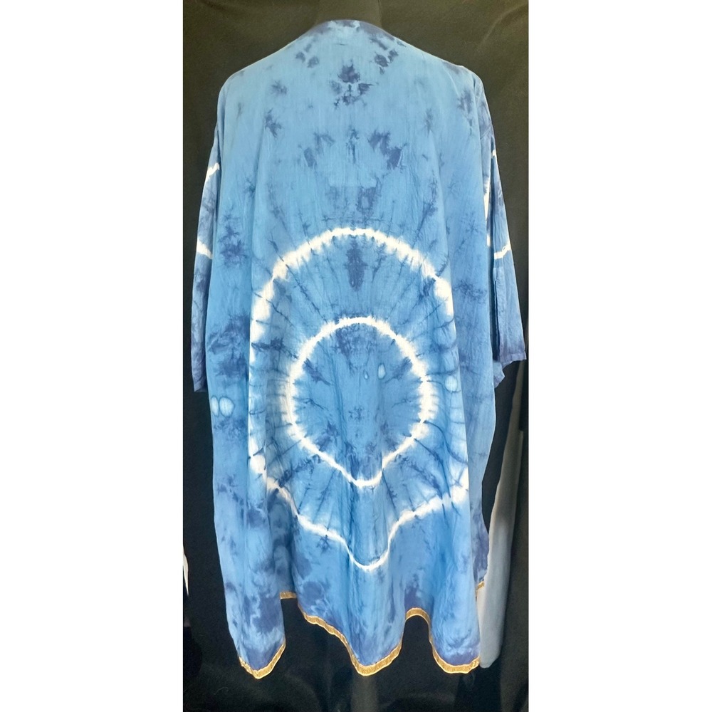 Bitter Apple Blue Tie Dye Cotton Kaftan Cover up Tunic Gold Trim Womens Large - Picture 2 of 7